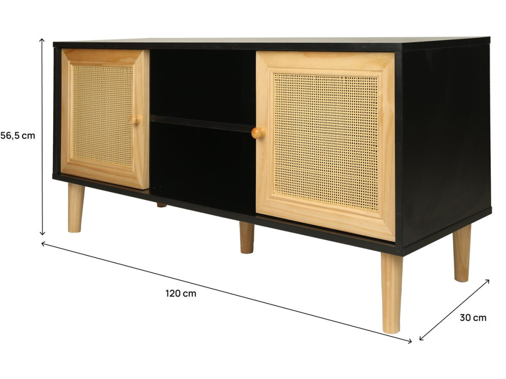 Meuble TV scandinave en cannage "Iguane" - 120 x 30 x 56.5 cm - Noir