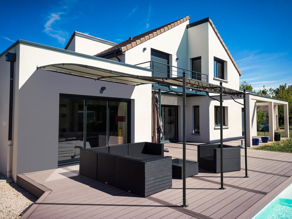 Pergola tonnelle adossée en métal - 3 x 4 m - Beige