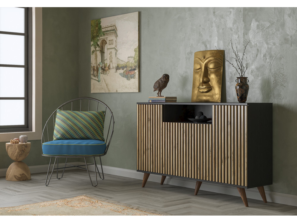 Buffet en bois "FRN-9004-1" - 140 x 35 x 91 cm - Bois, Noir, Pin Atlantique