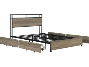 Lit double led en métal avec prise et tiroirs  "Léa" - 140 x 190 cm - Marron