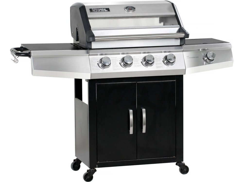 Barbecue gaz avec couvercle en verre "Bingo 5" - 4 brûleurs + 1 latéral + Housse protection - 15.2 kW - Noir