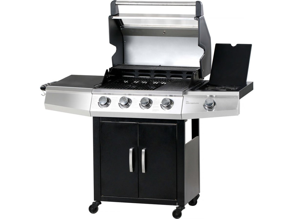 Barbecue gaz avec couvercle en verre "Bingo 5" - 4 brûleurs + 1 latéral + Housse protection - 15.2 kW - Noir