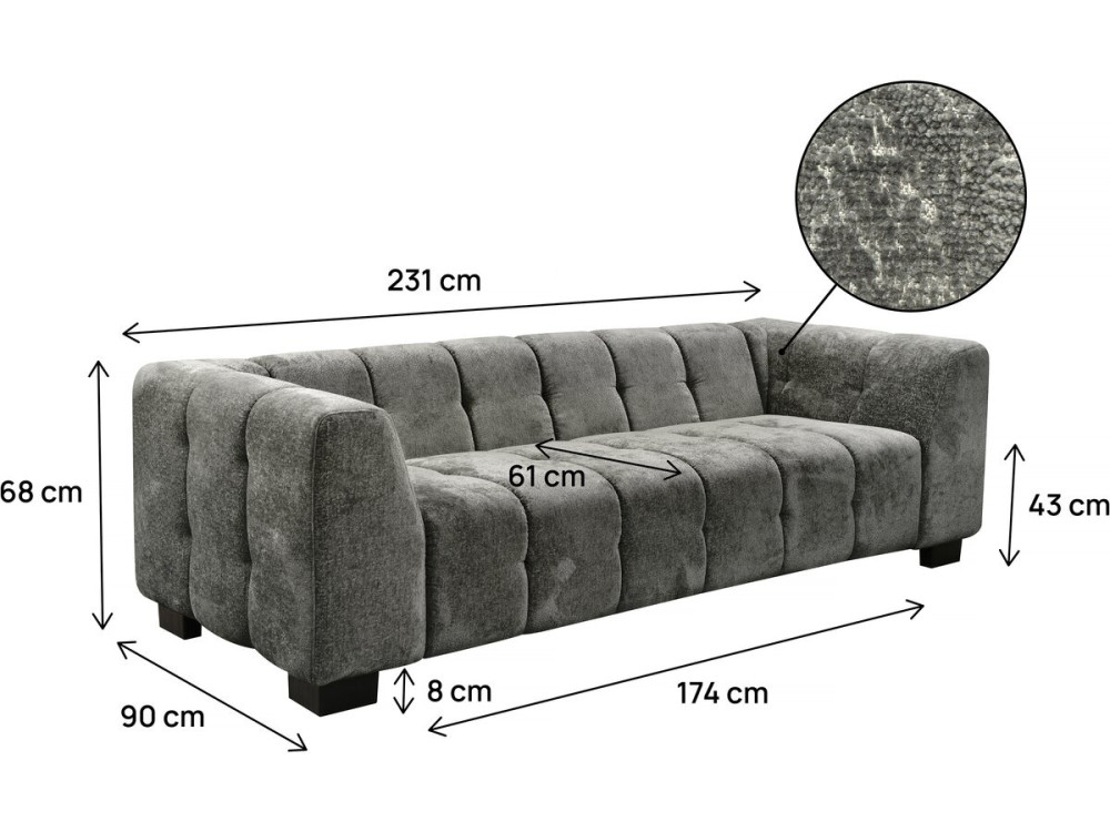 Canapé droit design en tissu chenille 3 places "Foch"- Gris