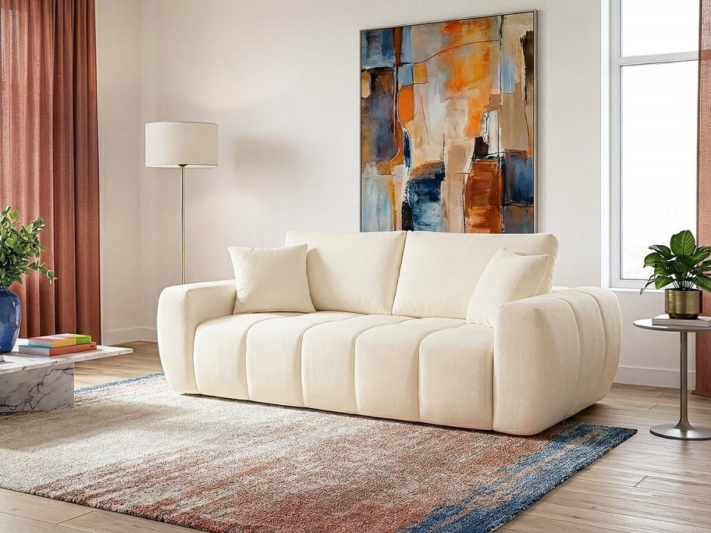 Canapé droit en tissu style bubble "Léonie" - 3 places - Beige