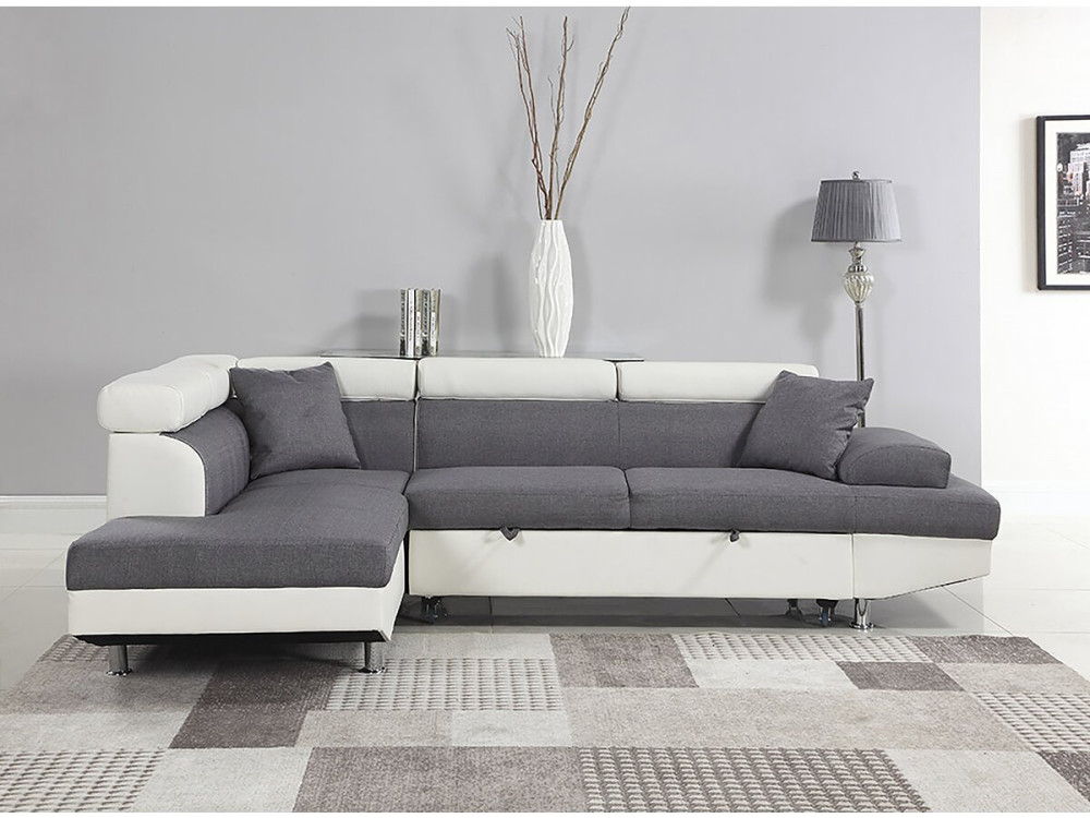 Canapé d'angle convertible "Sophia luxe" - 265 x 190.5 x 80/91 cm - Blanc / Gris - 5 places - Angle gauche