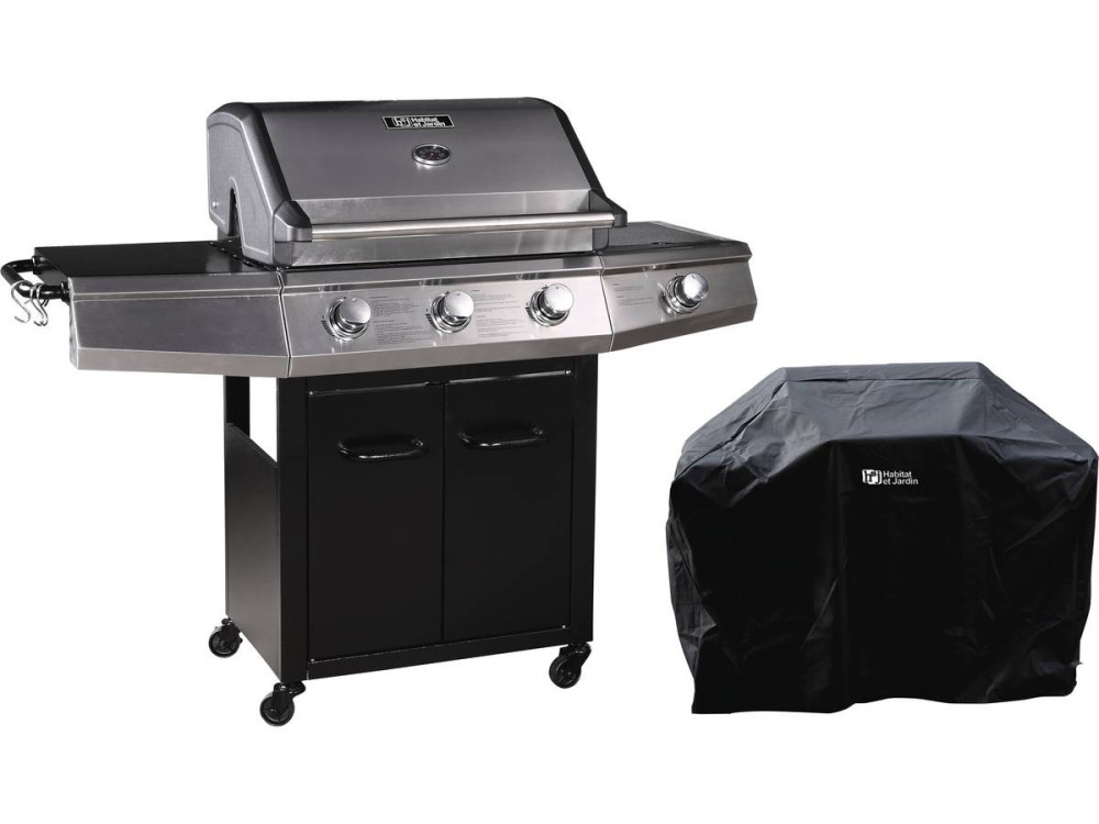 Barbecue Gaz avec LED "Bingo 4" - 4 brûleurs dont 1 latéral - 14kW + Housse protection - Noir