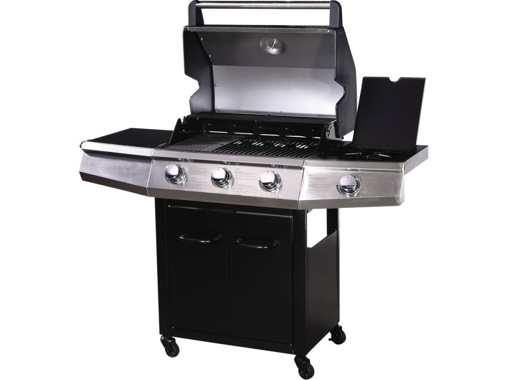 Barbecue Gaz avec LED "Bingo 4" - 4 brûleurs dont 1 latéral - 14kW + Housse protection - Noir