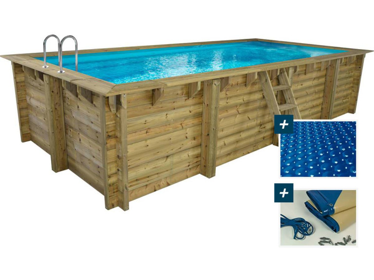 Piscine bois rectangle " Tobago "- 6.20 x 3.00 x 1.31 m + Bâche à bulles 180 µ - Bâche hiver 280 g/m²