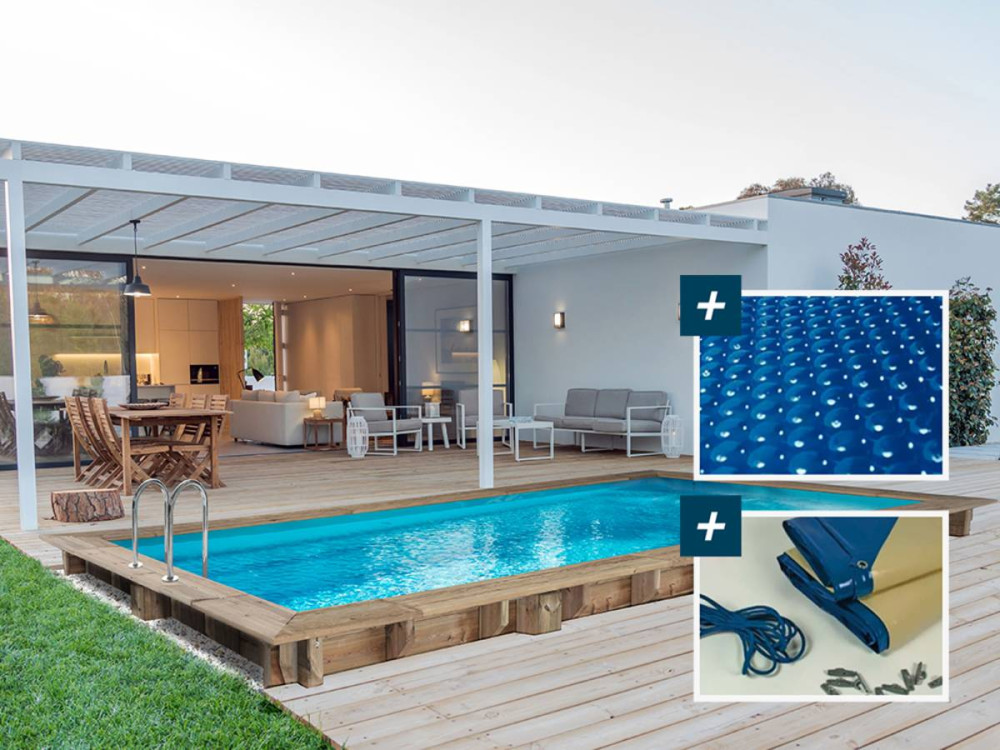 Piscine bois rectangle " Tobago "- 6.20 x 3.00 x 1.31 m + Bâche à bulles 180 µ - Bâche hiver 280 g/m²