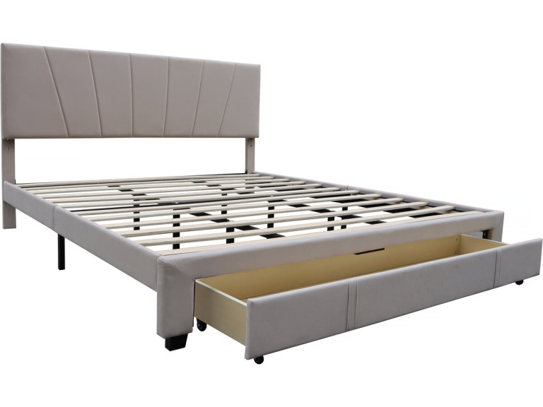 Lit double avec tiroir "Théa" en velours 180 x 200 cm - Beige