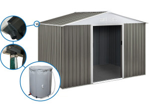 Abri jardin métal "Dallas"- 8.84m² avec gouttière et récupérateur d'eau - Taupe