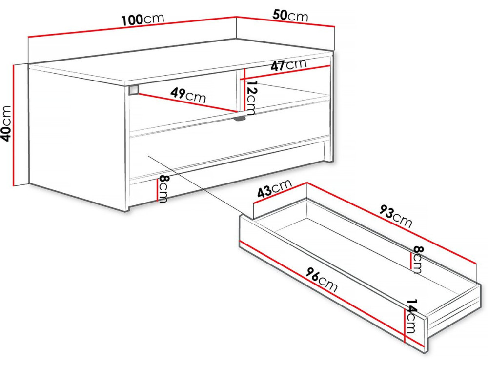 Table basse Tireno - 100 cm X 40 cm X 50 cm-  blanc