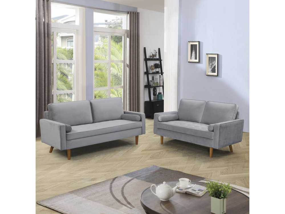 Canapé fixe en velours "Yannick" - 82 x 179 x 86 cm - 3 places - Gris clair