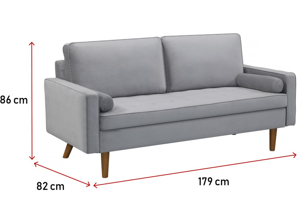 Canapé fixe en velours "Yannick" - 82 x 179 x 86 cm - 3 places - Gris clair