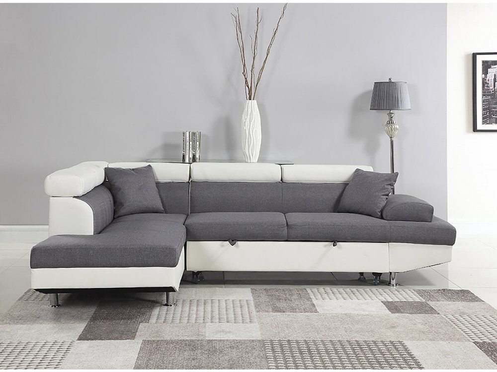 Canapé d'angle convertible "Sophia luxe" - 265 x 190.5 x 80/91 cm - Blanc / Gris - 5 places - Angle gauche