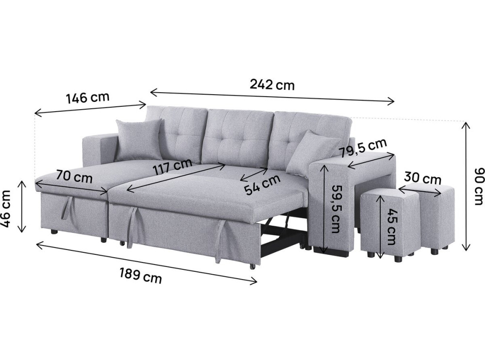 Canapé d'angle convertible en tissu "Noah" - 4 places - Gris clair