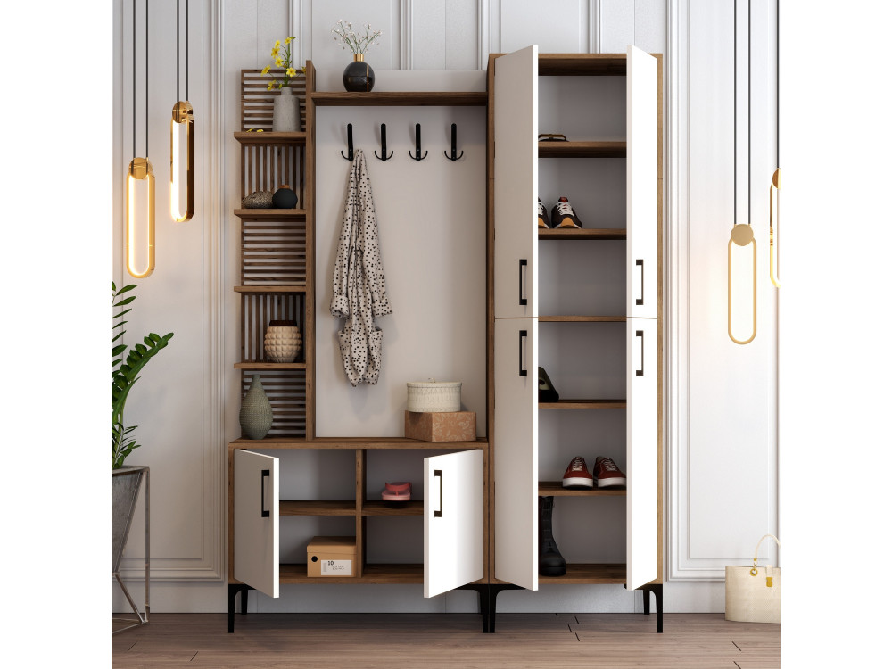 Meuble d'Entrée en bois "Viyana DA" - 35 x 60 x 200 cm - Noyer, Blanc