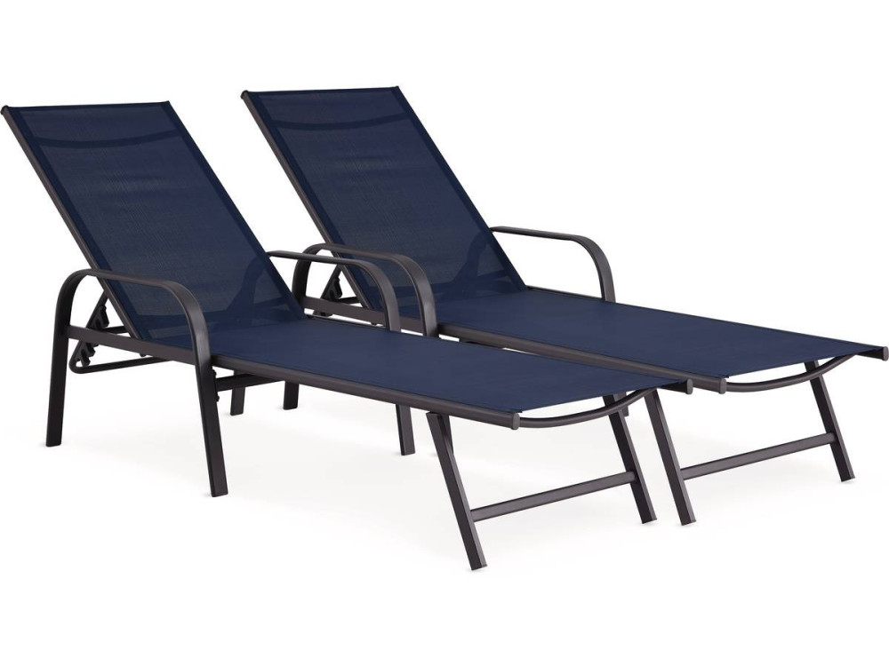 Lot de 2 Bains de soleil en métal avec accoudoirs "Farniente" - Bleu nuit