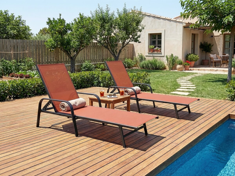 Lot de 2 bains de soleil en métal avec accoudoirs "Farniente"- Terracotta