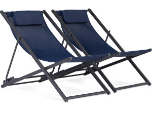 Lot de 2 Chiliennes métal en textilene - Avec têtière - Bleu nuit
