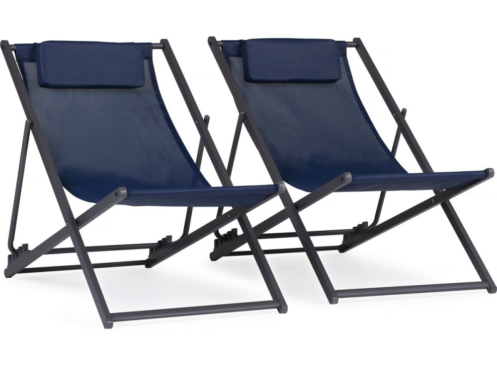 Lot de 2 Chiliennes métal en textilene - Avec têtière - Bleu nuit