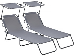 Lot de 2 bains de soleil pliable "Lazy" - Avec pare soleil - Gris