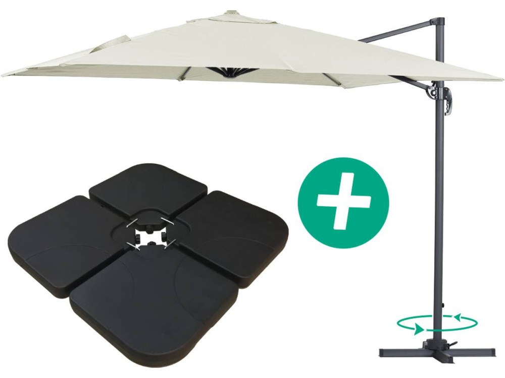 Parasol jardin déporté Alu "Sun 3" - Carré - 3 x 3 m - Ecru - Dalles incluses