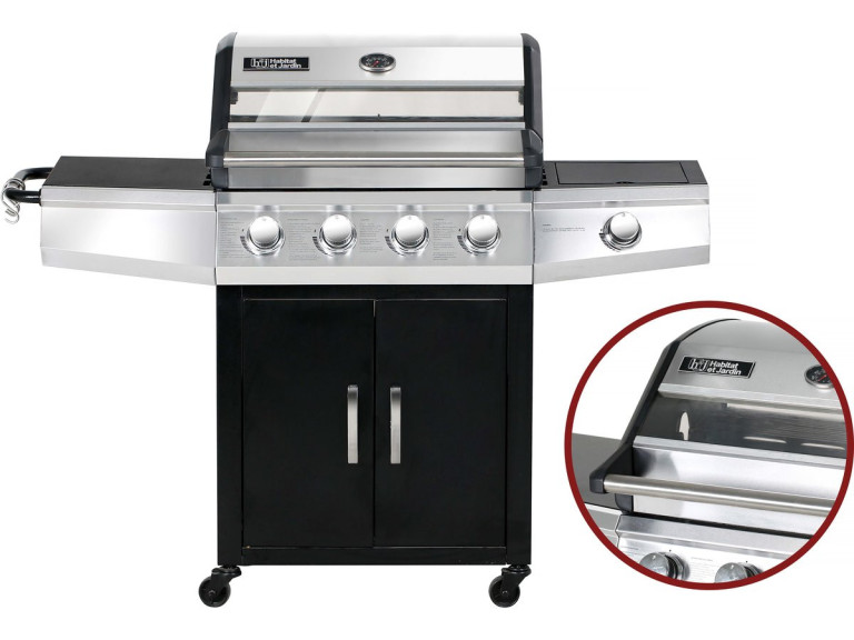 Barbecue gaz avec couvercle en verre "Bingo 5" - 4 brûleurs + 1 latéral + Housse protection - 15.2 kW - Noir