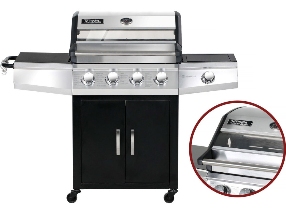 Barbecue gaz avec couvercle en verre "Bingo 5" - 4 brûleurs + 1 latéral + Housse protection - 15.2 kW - Noir