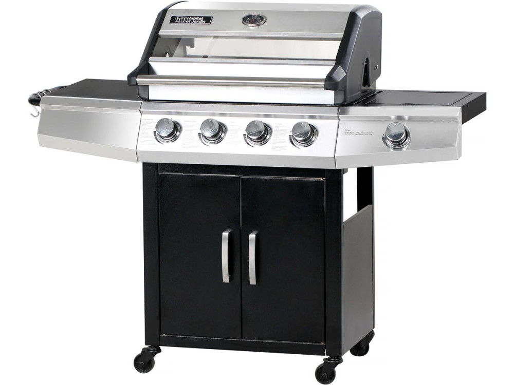 Barbecue gaz avec couvercle en verre "Bingo 5" - 4 brûleurs + 1 latéral + Housse protection - 15.2 kW - Noir