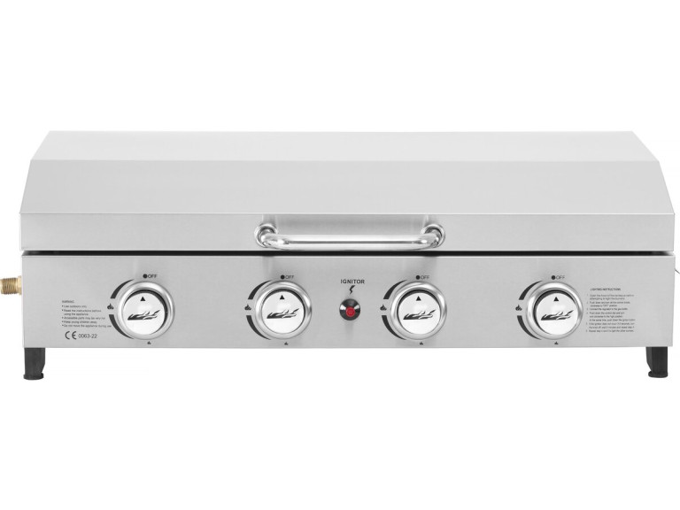 Plancha à gaz en inox avec 4 bruleurs et couvercle "Fasto" - 10 kw - Gris