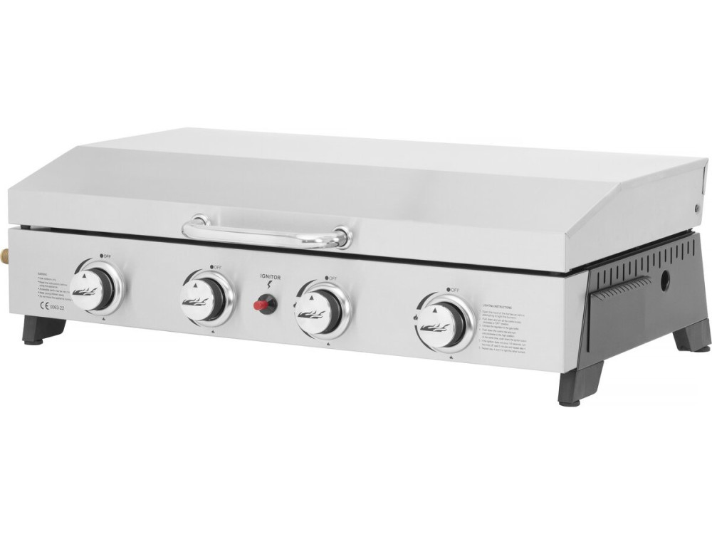 Plancha à gaz en inox avec 4 bruleurs et couvercle "Fasto" - 10 kw - Gris