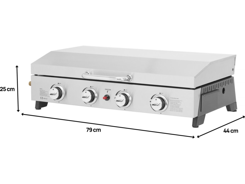 Plancha à gaz en inox avec 4 bruleurs et couvercle "Fasto" - 10 kw - Gris