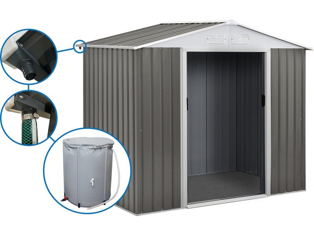 Abri jardin métal "Dallas" - 4.07 m² avec gouttière et récupérateur d'eau - Taupe