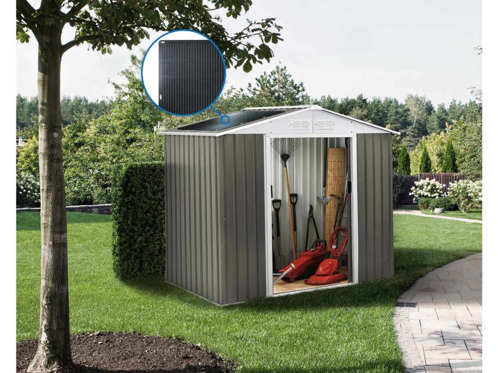 Abri jardin métal "Dallas" - 5,29 m² avec panneaux solaires - Taupe