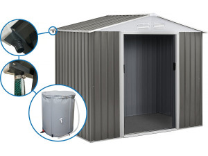 Abri jardin métal "Dallas" - 5,29 m² avec gouttière et récupérateur d'eau - Taupe