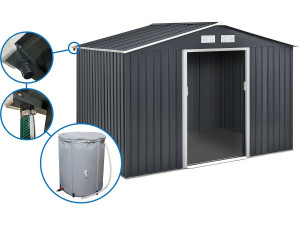 Abri de jardin métal -"Vegas" - 7.06 m² avec gouttière et récupérateur d'eau - Gris