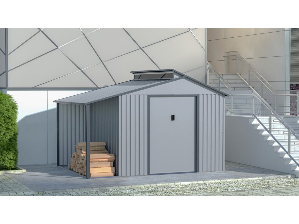 Abri de jardin métal avec pergola "Madras" - 9.12 m² - 257 x 355 x 237 cm - Gris