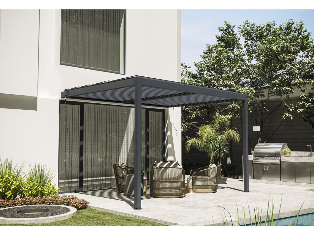 Pergola bioclimatique adossée avec led "Windsor" - 3 x 4 m - Anthracite