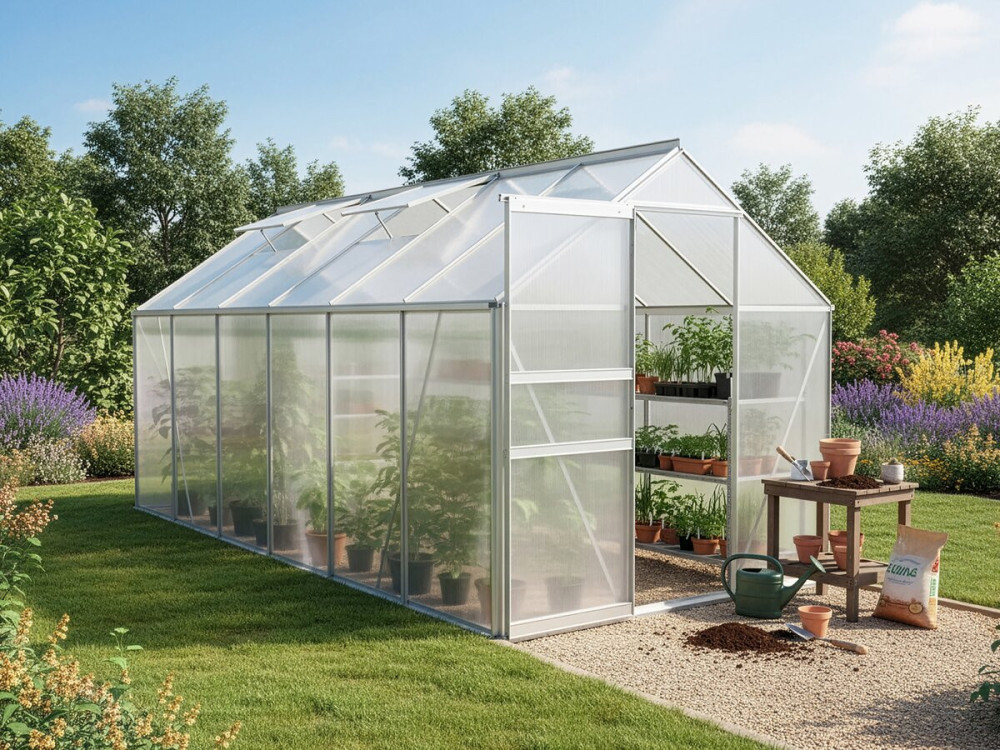 Serre jardin polycarbonate 370 x 190 x 195 cm "Basilic" - 7,03 m² - Gris