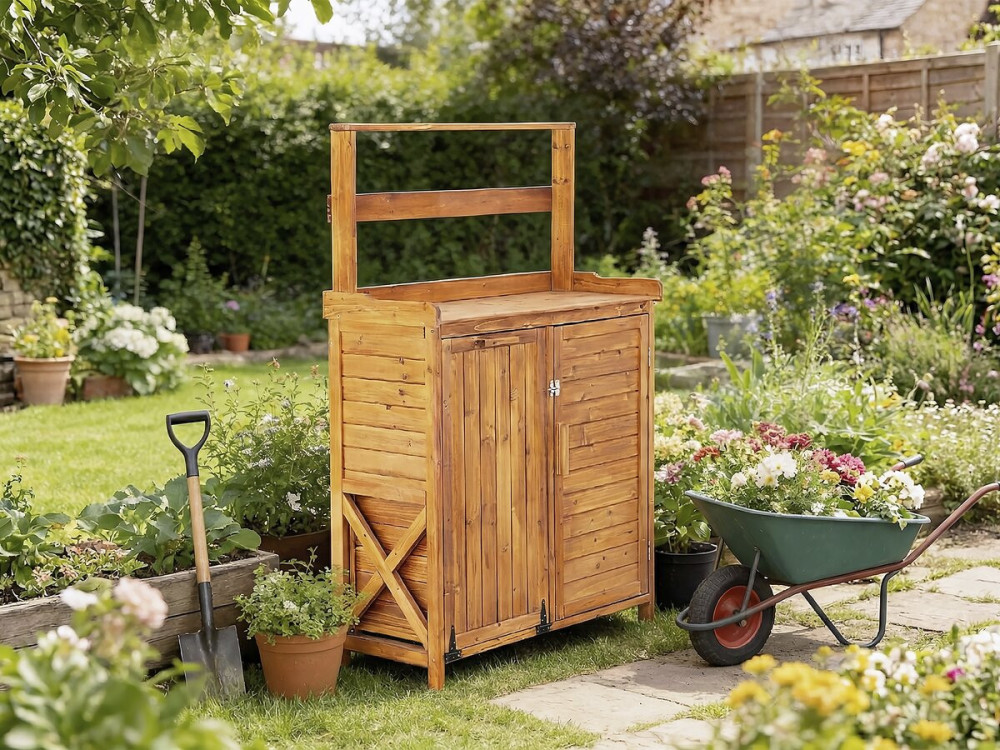 Poubelle de jardin avec rangement en bois "Lou" - 103 x 42 x 152 cm - Marron