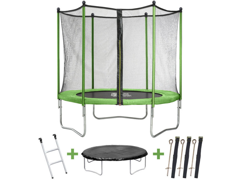 Trampoline "Yoopi" - Ø 3.05 m - Avec filet + échelle + couverture + kit d'ancrage