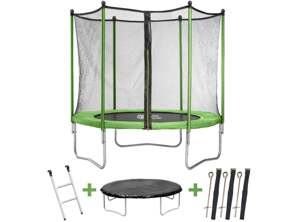 Trampoline "Yoopi" - Ø 3.05 m - Avec filet + échelle + couverture + kit d'ancrage