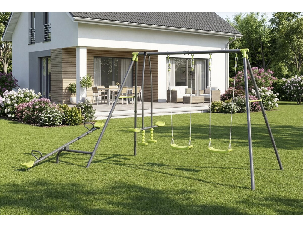 Portique de jeu en métal avec balançoire à bascule "Basile" - 4 agrès - Vert