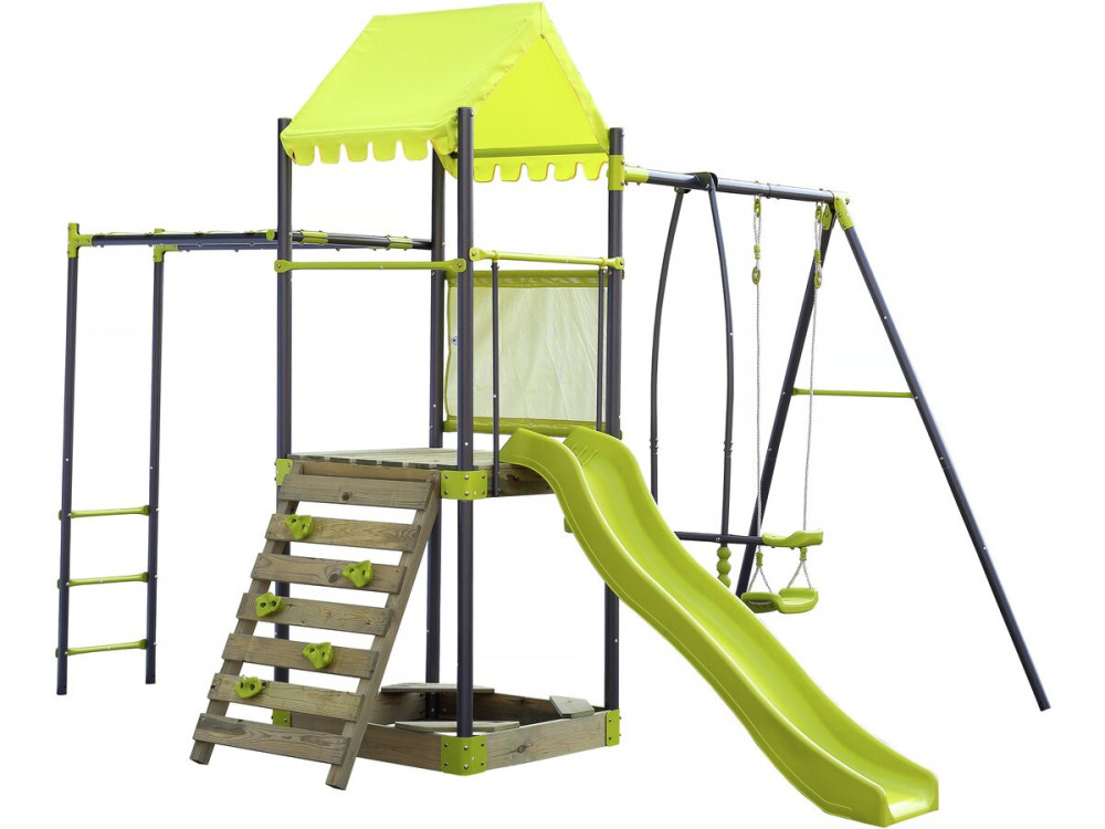 Aire de jeu portique en métal avec toboggan et bac a sable "Lucien" - Vert