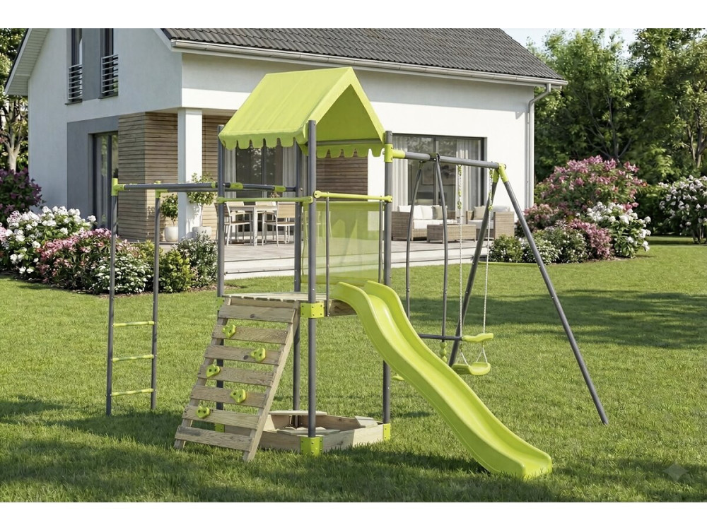 Aire de jeu portique en métal avec toboggan et bac a sable "Lucien" - Vert
