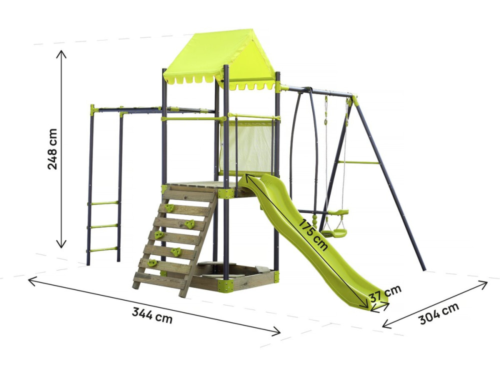 Aire de jeu portique en métal avec toboggan et bac a sable "Lucien" - Vert