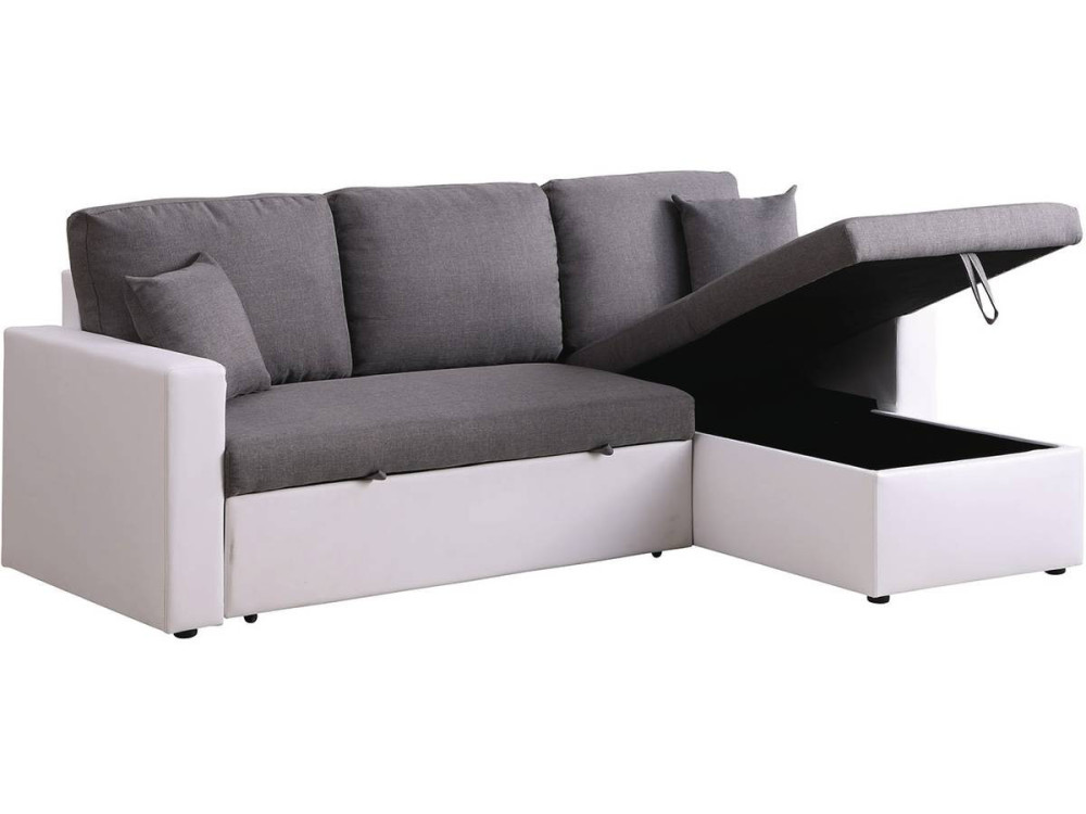 Canapé d'angle convertible/ réversible avec coffre "Alain" - 221 x 145 x 85 cm - 3 places - Gris / Blanc