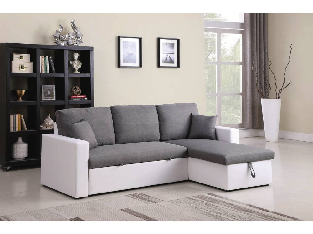 Canapé d'angle convertible/ réversible avec coffre "Alain" - 221 x 145 x 85 cm - 3 places - Gris / Blanc