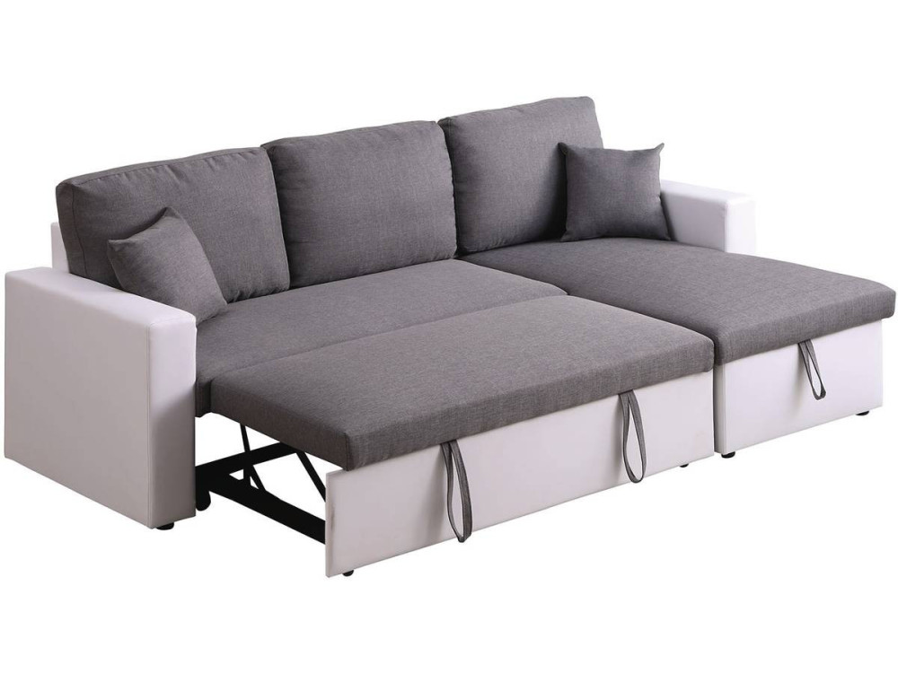 Canapé d'angle convertible/ réversible avec coffre "Alain" - 221 x 145 x 85 cm - 3 places - Gris / Blanc